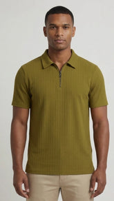 Men's Ribbed Half-Zip Polo Shirt - Olive