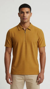 Men's Ribbed Half-Zip Polo Shirt - Mustard