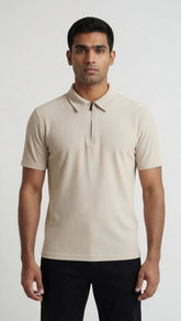 Men's Ribbed Half-Zip Polo Shirt - Beige