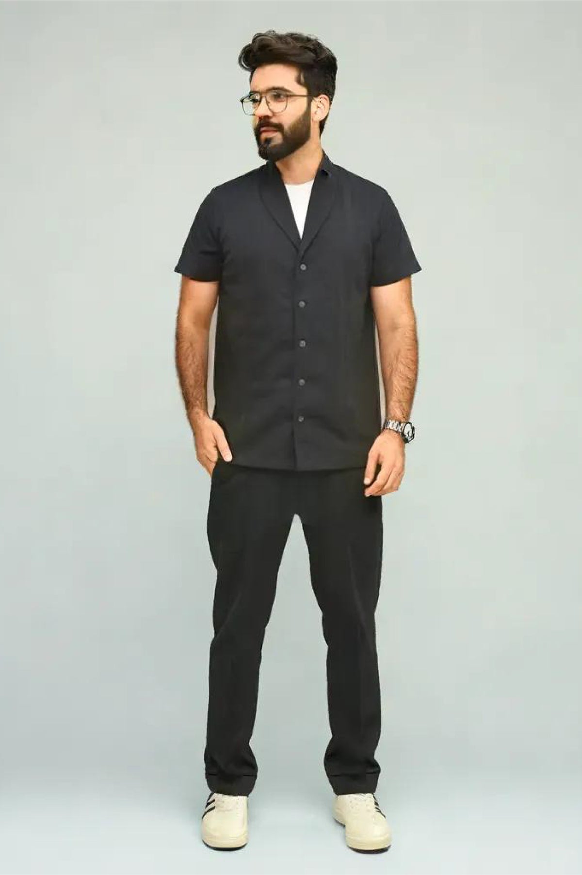 Premium Co-Ord Set Half Sleeve (Round Collar) - Black