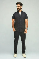 Premium Co-Ord Set Half Sleeve (Round Collar) - Black