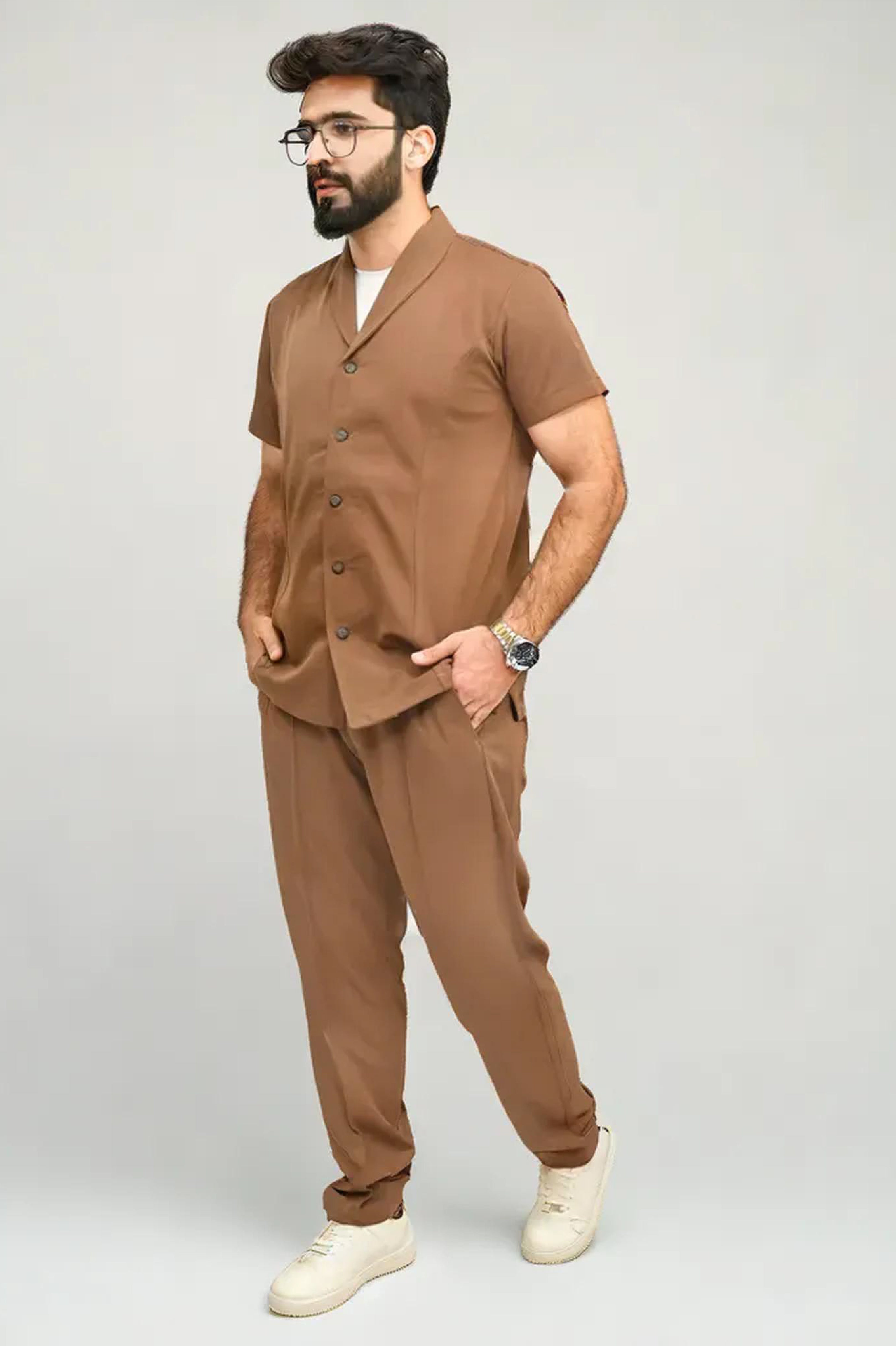 Premium Co-Ord Set Half Sleeve (Round Collar) - Camel