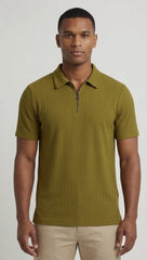 Men's Ribbed Half-Zip Polo Shirt - Olive