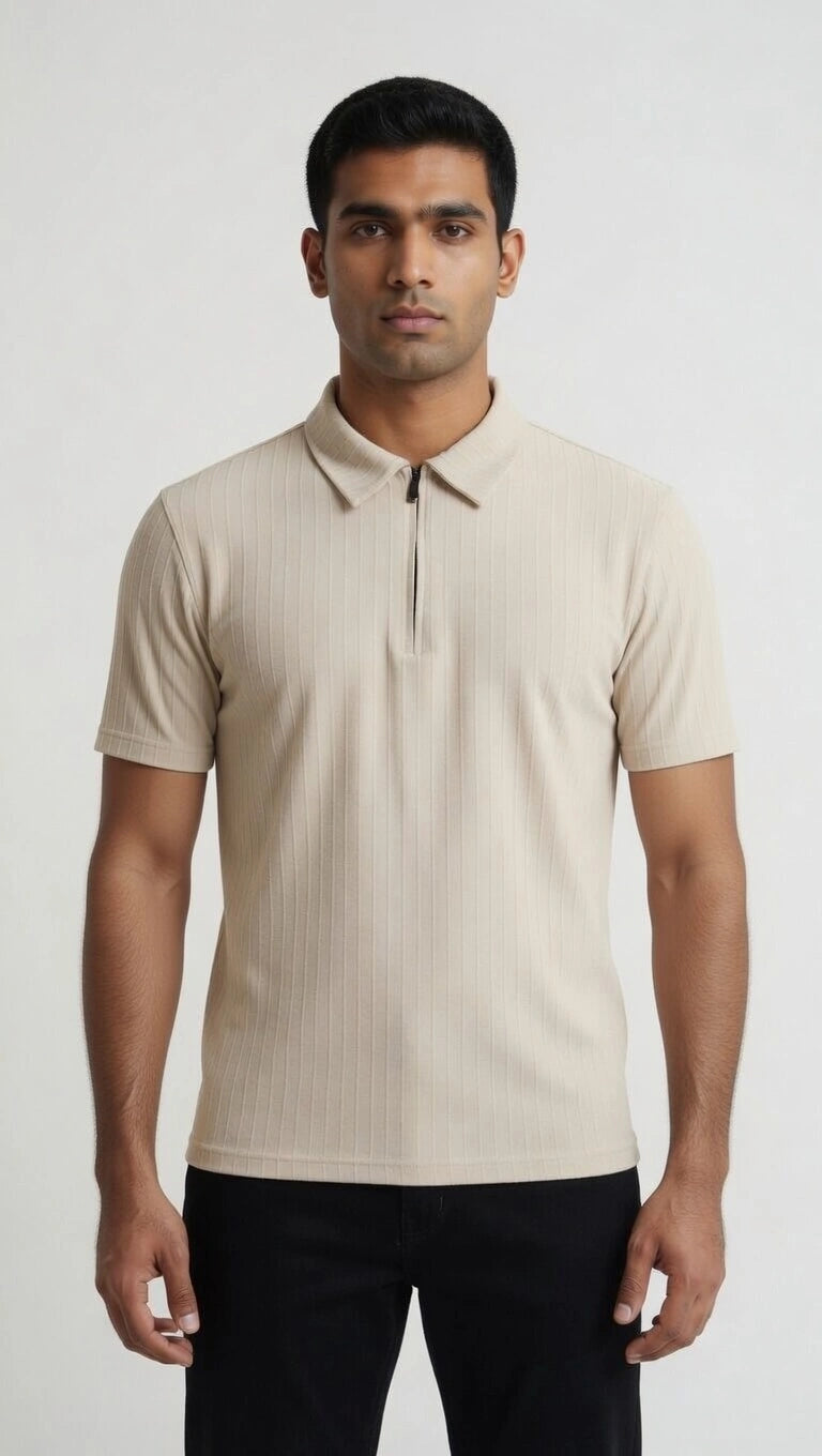 Men's Ribbed Half-Zip Polo Shirt - Beige