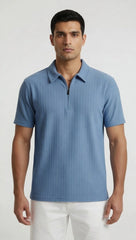Men's Ribbed Half-Zip Polo Shirt - Sky Blue